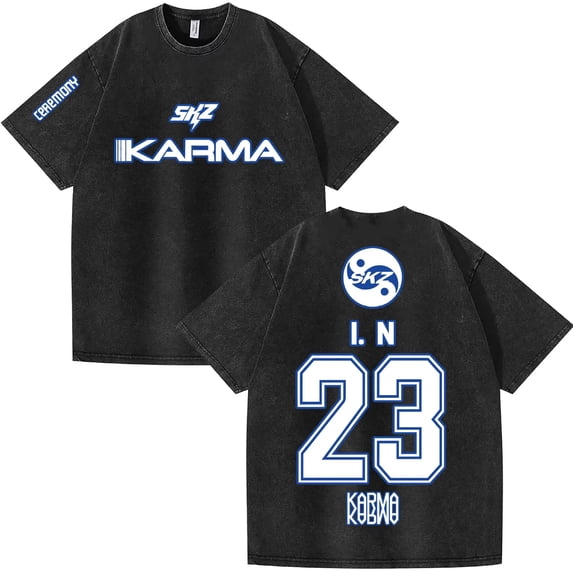 Stray Kids SKZ Karma Vintage Wash T-Shirt – Unisex Short Sleeve Hip Hop Graphic Tee, Streetwear Outfit for STAY Fan Support