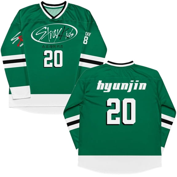 Stray Kids SKZ Member Number Splicing V-Neck Green Hockey Jersey – Unisex Long Sleeve Pullover Sweatshirts Streetwear for STAY Fan Support
