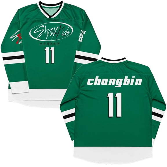 Stray Kids SKZ Member Number Splicing V-Neck Green Hockey Jersey – Unisex Long Sleeve Pullover Sweatshirts Streetwear for STAY Fan Support