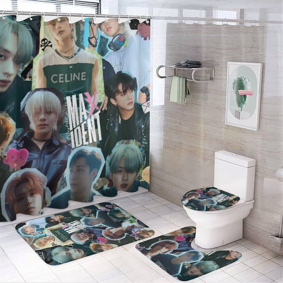 Stray Kids Shower Curtain Set 4 Pcs, Bathroom Sets with Shower Curtain And Rugs, Bathroom Decor Set with Shower Curtain And Rugs And Accessories