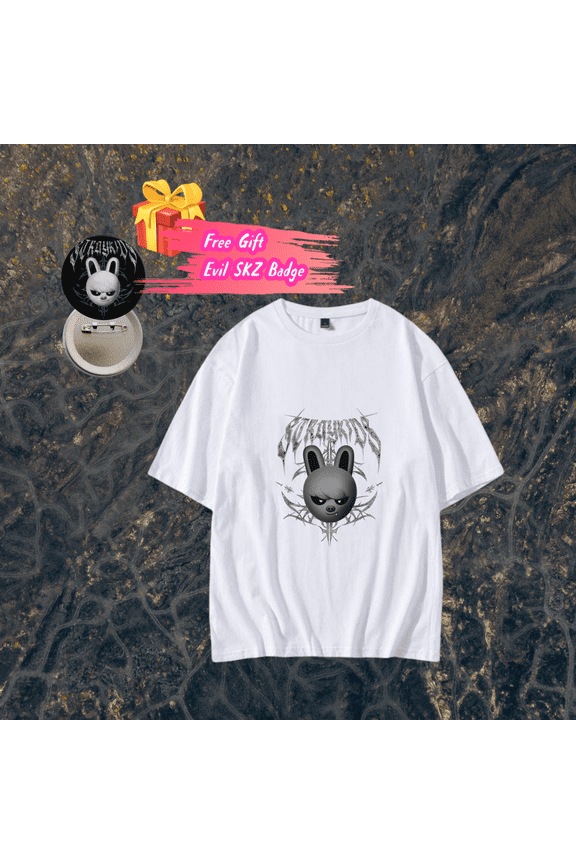 Stray Kids T shirt Evil SKZOO T - Shirt Cotton White Shirt + Free Evil SKZ Badge Kpop Merch for STAYs