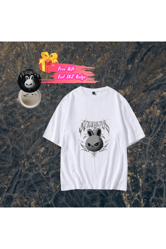Stray Kids T shirt Evil SKZOO T - Shirt Cotton White Shirt + Free Evil SKZ Badge Kpop Merch for STAYs