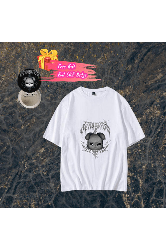 Stray Kids T shirt Evil SKZOO T - Shirt Cotton White Shirt + Free Evil SKZ Badge Kpop Merch for STAYs
