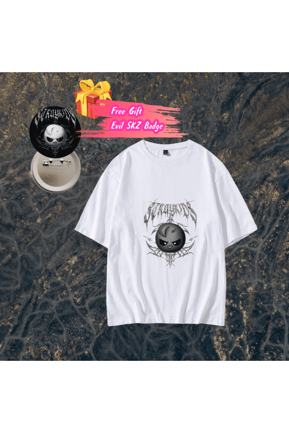 Stray Kids T shirt Evil SKZOO T - Shirt Cotton White Shirt + Free Evil SKZ Badge Kpop Merch for STAYs