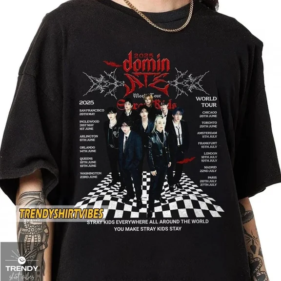 Stray Kids Tour 2025 Shirt, DominATE World Tour Tee with Dates T-Shirt ,Black Color,Size L