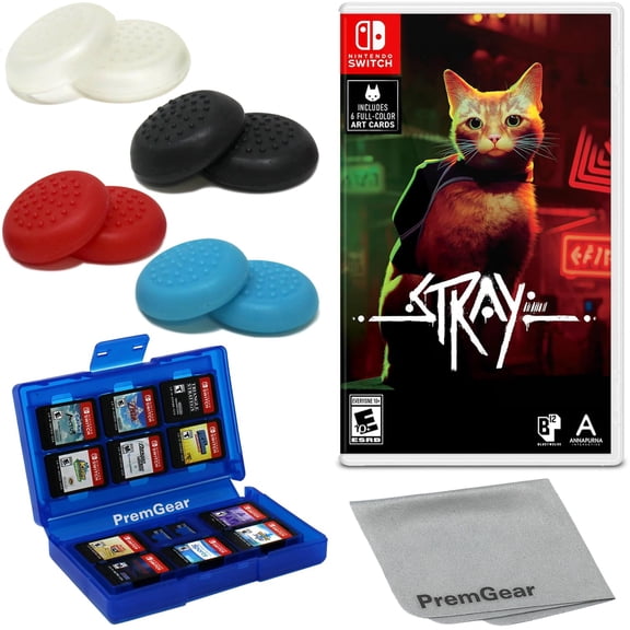 Stray for Nintendo Switch (US Version), with PremGear Thumb Grips (8 pack - 2 Black, 2 Blue, 2 Red & 2 Clear), 24 Slot Game Card Holder & Cleaning Cloth
