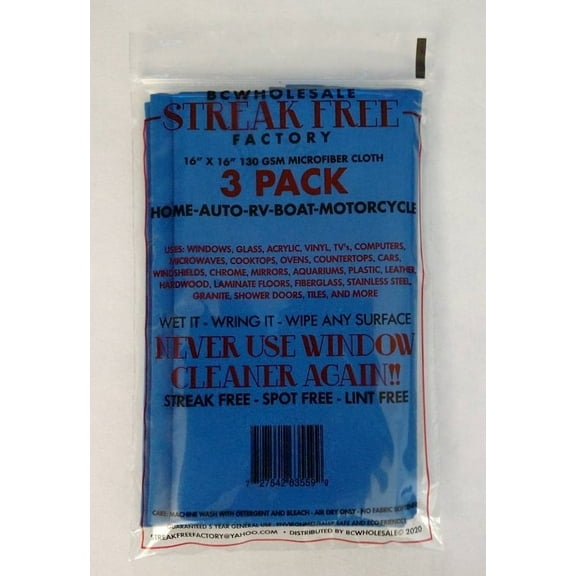 Streak Free Factory Microfiber Cleaning Cloth 16 x 16 inch 3 Pack - Blue