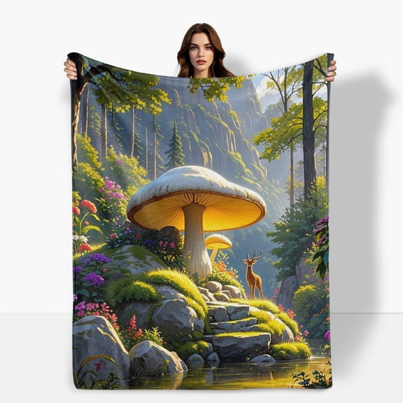 Stream Mushroom Animals Mountains Themed Cozy Fleece Blanket Soft Warm Comfortable For Sofa Bed Travel Camping Living Room Office Chair Polyester Gift For Family Or Friends