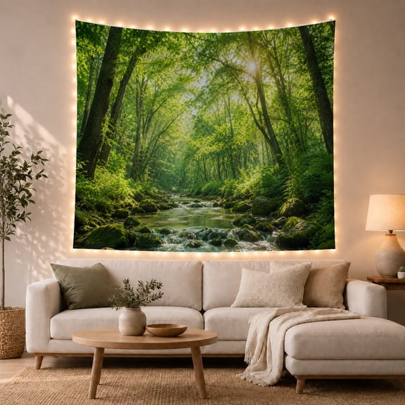 Stream in Sunlit Forest with Golden Sunbeams, Serene Photographic for Nature Enthusiasts, Forest Landscape Art, Housewarming Gift Tapestry Wall Hanging for Bedroom and Living Room