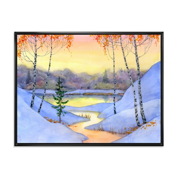 Stream Through The Winter Forest II 20 in x 12 in Framed Painting Canvas Art Print, by Designart