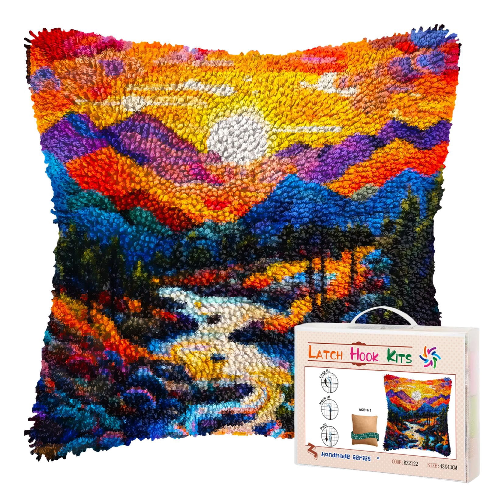 Stream Trees Sunset Mountain Landscape DIY Latch Hook Pillow Kits for Adults Printed Pillowcase Crochet Yarns Hooking Handmade Pillow Cover Cushion for Home Sofa Decoration 17x17inch