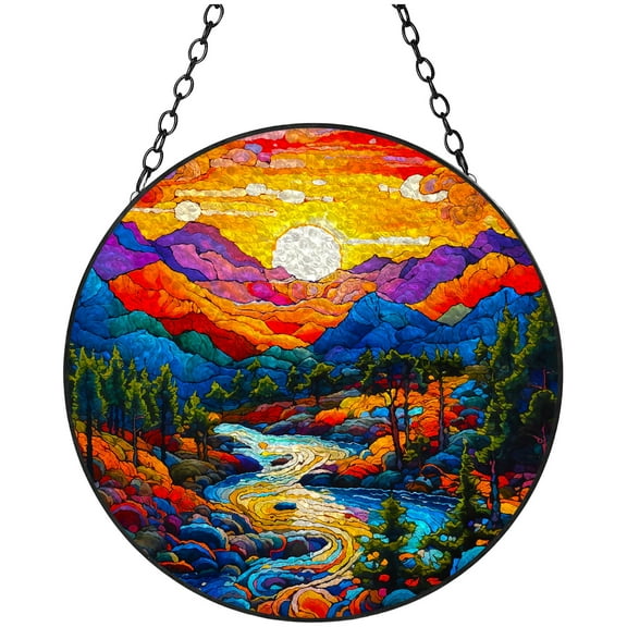 Stream Trees Sunset Mountain Landscape Stained Glass Suncatcher Handmade Window Hanging Colored Glass Suncatcher Crafts Kits for Indoor Garden Decor Memorial Gift 16x16cm