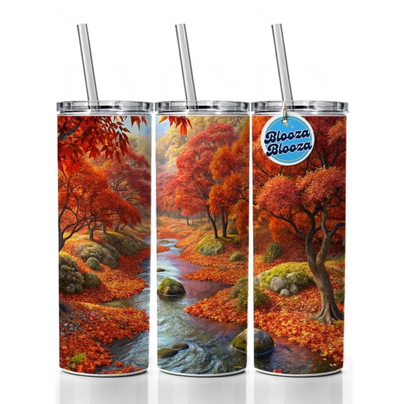Stream and Trees in Fall Autumn 20oz Insulated Water Bottle Skinny Tumbler Includes Straw