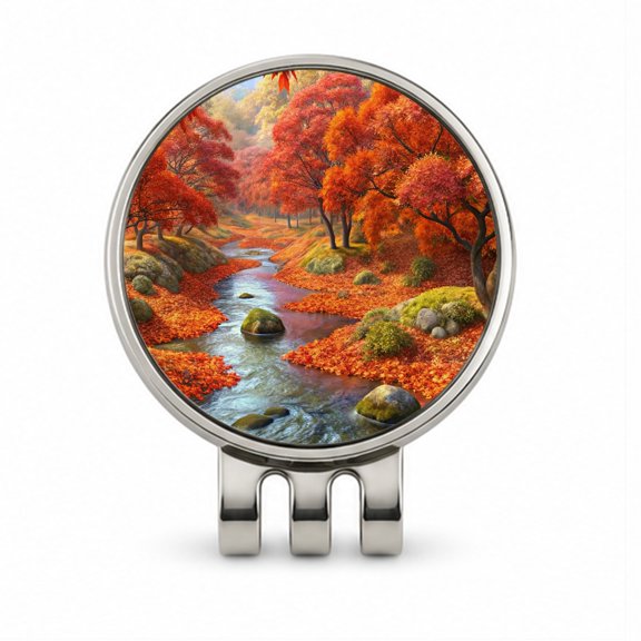 Stream and Trees in Fall Autumn Golf Hat Clip with Removable Magnetic Ball Marker