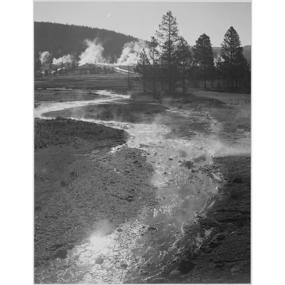 Stream winding back toward geyser "Central Geyser Basin Yellowstone National Park" Wyoming, Geology, Geological. (Vertical orientation) 1933 - 1942 Poster Print by Ansel Adams (18 x 24)