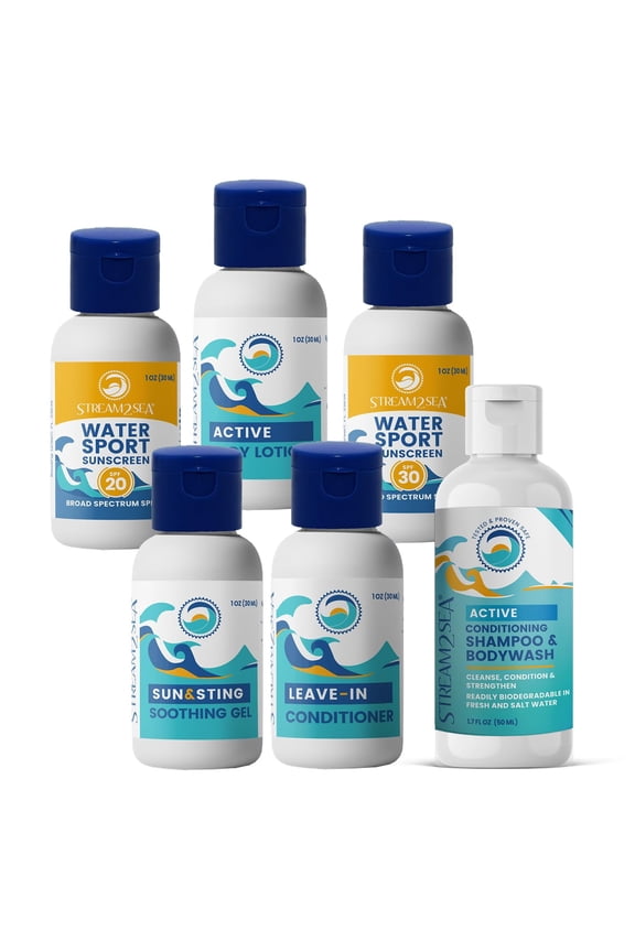 Stream2Sea Reef Safe 6-Pack Natural Travel-Sized Bath & Body Set, Paraben Free, Sulfate Free