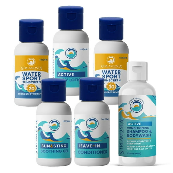 Stream2Sea Reef Safe 6-Pack Natural Travel-Sized Bath & Body Set, Paraben Free, Sulfate Free