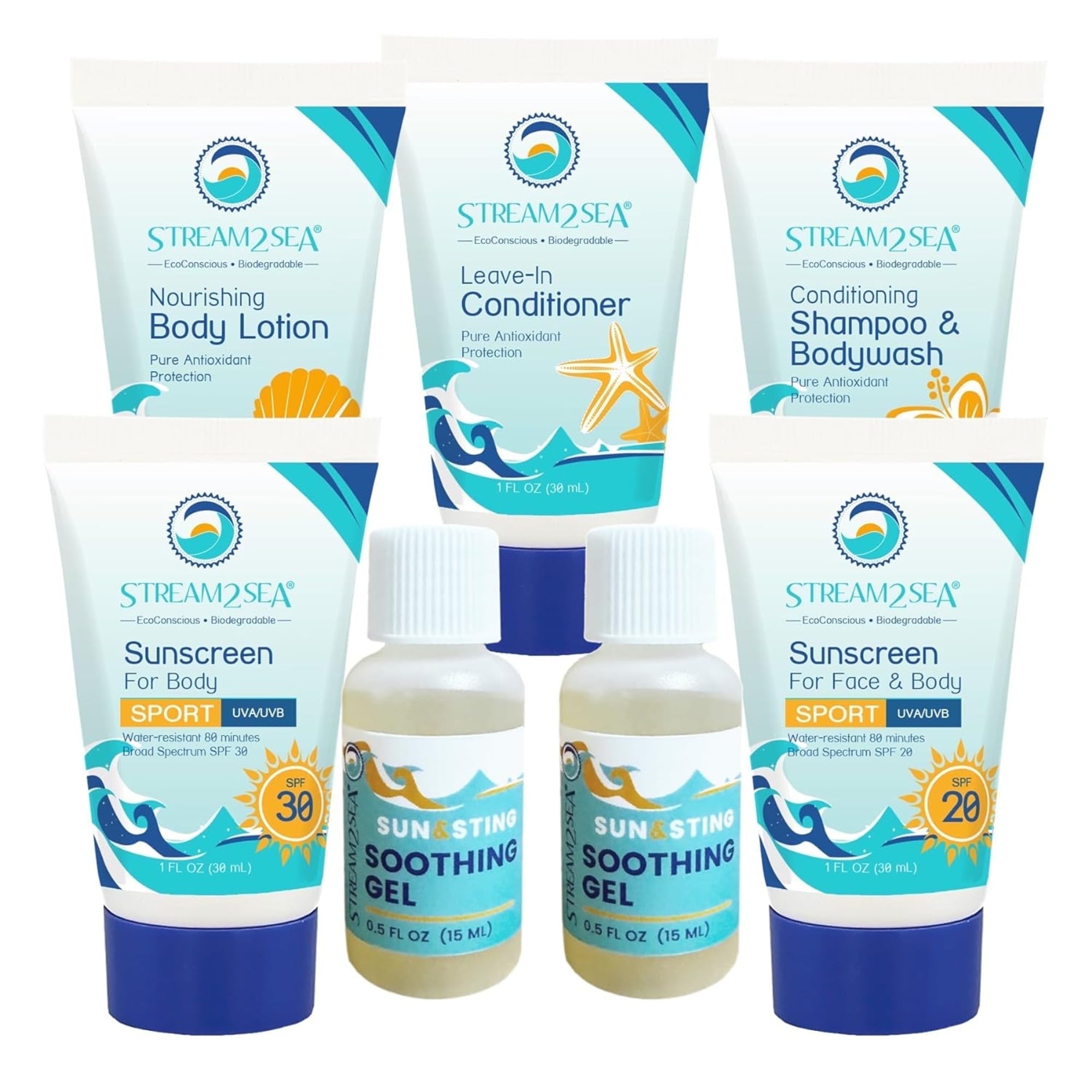 Stream2Sea Reef Safe 6-Pack Natural Travel-Sized Bath & Body Set, Paraben Free, Sulfate Free