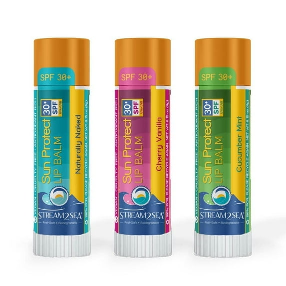Stream2Sea SPF 30 Reef Safe Organic Lip Balm Set, Lip Moisturizer for Beach & Sports 0.15 oz, 3-Pack