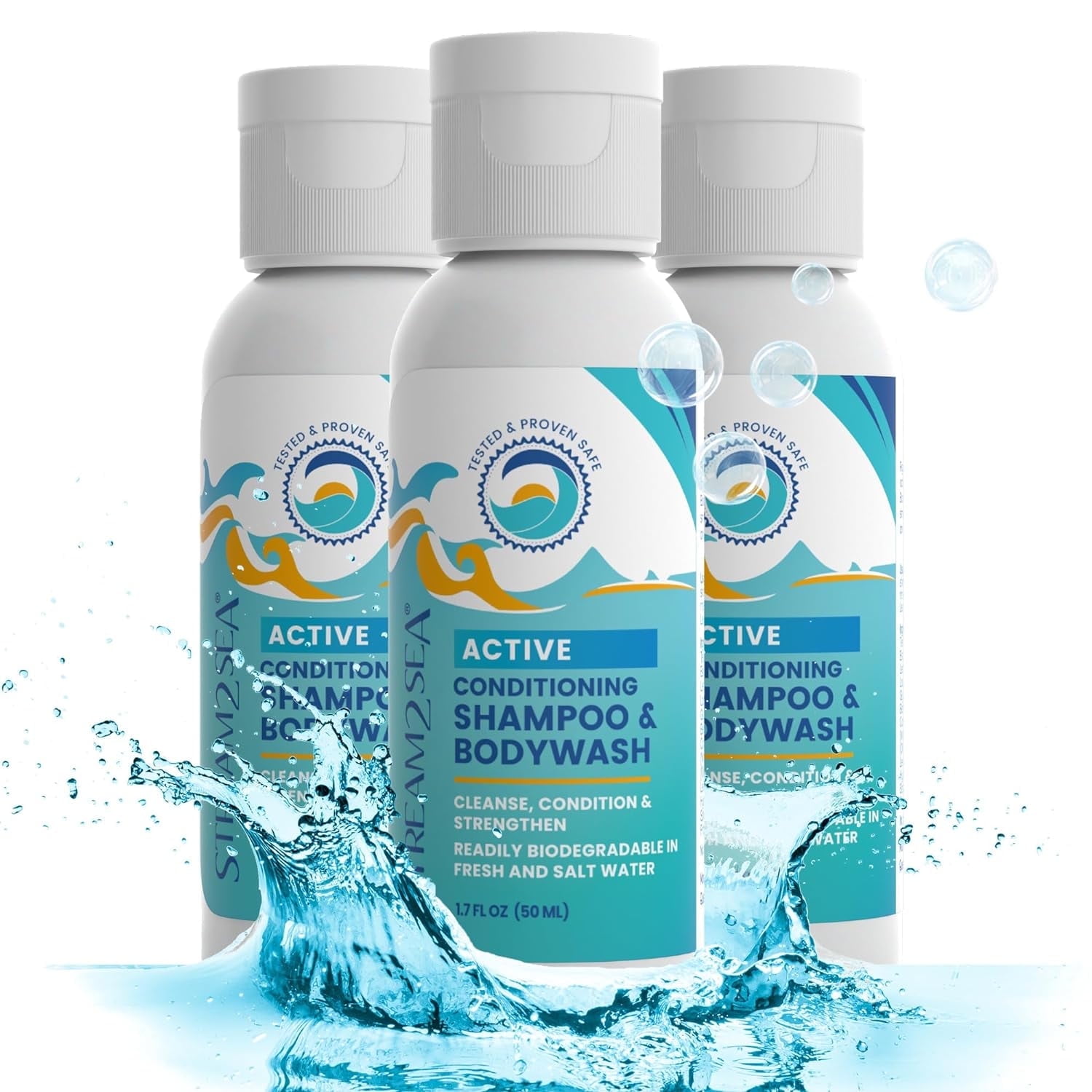Stream2Sea Reef Safe All Natural Organic Travel Size 3 in 1 Shampoo, Conditioner & Body Wash, 3 Pack