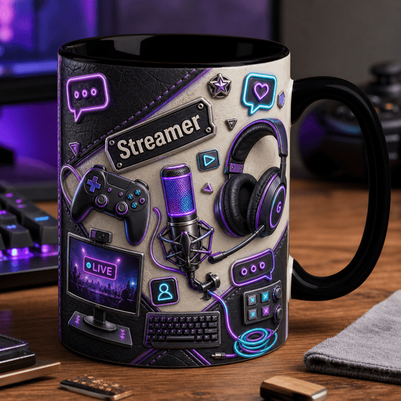 Streamer Mug 3D Effect Neon Gaming Coffee Cup Gift for Gamer Content Creator