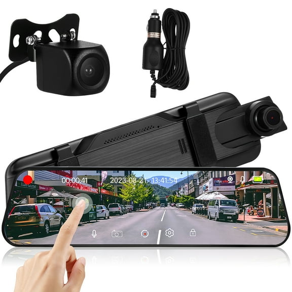 Streaming Media Mirror Dash Cam,Retrovisor Con Camara De Reversa,10'' Night Vision 1080P FHD Full Touch Screen Front 170Wide Angle