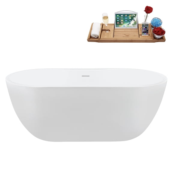 Streamline 61" Freestanding Soaking Bathtub Glossy White Acrylic Tub with Brushed Nickel Internal Drain and Bamboo Tray Modern Design 50 Gallon Capacity