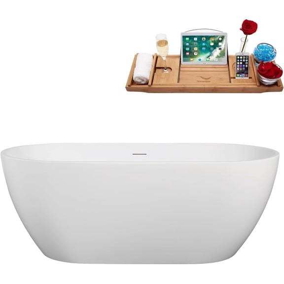 Streamline 61" Freestanding Soaking Bathtub Glossy White Acrylic Tub with Glossy White Internal Drain and Bamboo Tray Modern Design 50 Gallon Capacity