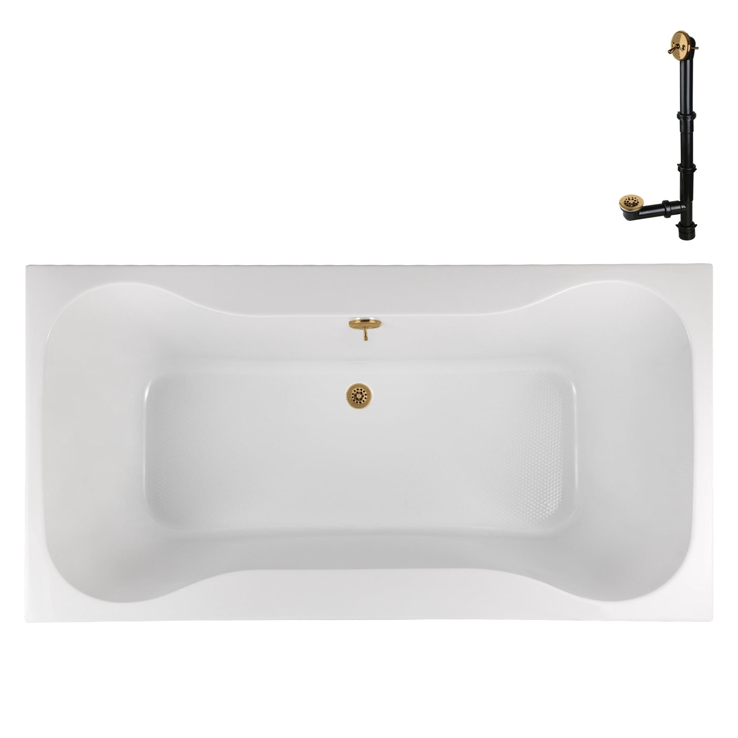 72'' Glossy White Acrylic Soaking Drop-In Bathtub with Brushed Gold Hardware