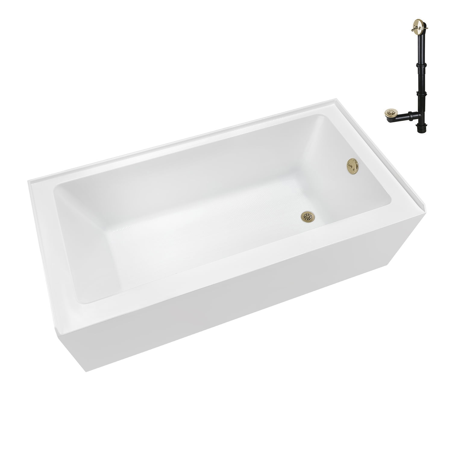 60-Inch Glossy White Acrylic Alcove Bathtub with Polished Brass Drain