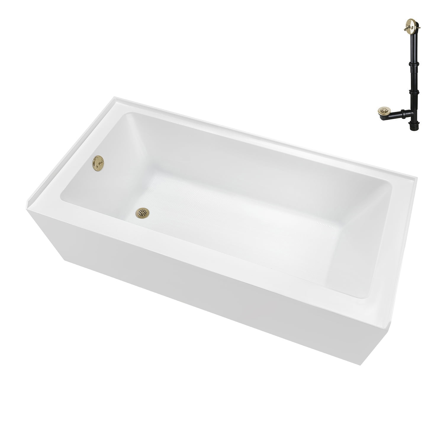 Glossy White Acrylic Alcove Bathtub with Polished Brass Drain