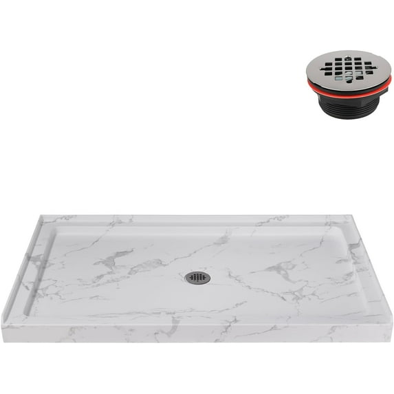 Streamline NTM-632-60MB-AL 60 in. x 36 in. Alcove Acrylic Shower Base in Matte Marble with Center Drain, Drain Included