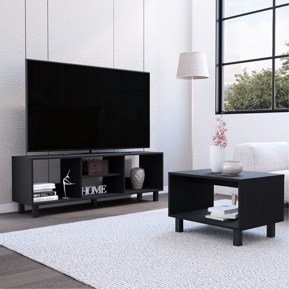Streamlined 2 Piece Living Room Set in Black / Ideal for TV Display and Storage