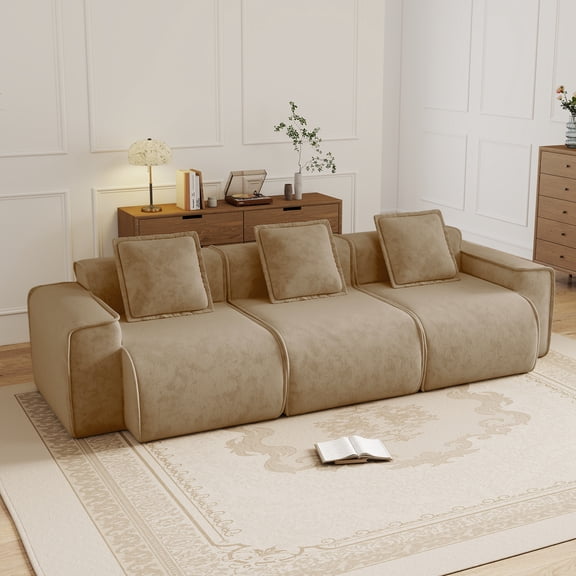 Streamlined Design 3 Seat Velvet Modular Sofa - Brown French Edge Piping