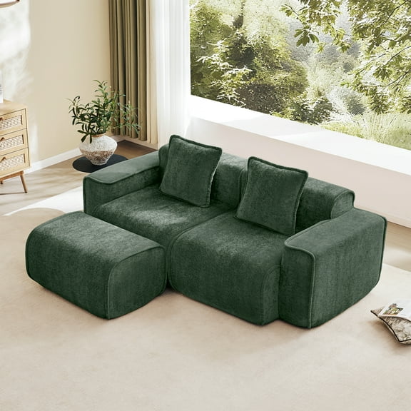Streamlined Design Modular 2 Seat L Shape Sectional Boneless Sofa with French Edge Piping, No Assembly Required, 2-Seat Sofa Couch with Throw Pillows and 1 Movable Ottoman, Velvet Fabric Green