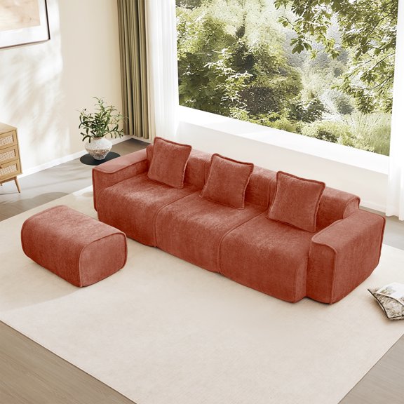 Streamlined Design Modular 3 Seat L Shape Sectional Boneless Sofa with French Edge Piping, No Assembly Required, 3-Seat Sofa Couch with Throw Pillows and 1 Movable Ottoman, Velvet Fabric Red