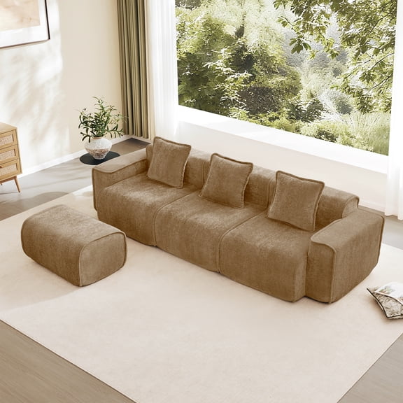 Streamlined Design Modular 3 Seat L Shape Sectional Boneless Sofa with French Edge Piping, No Assembly Required, 3-Seat Sofa Couch with Throw Pillows and 1 Movable Ottoman, Velvet Fabric Brown