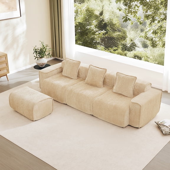 Streamlined Design Modular 3 Seat L Shape Sectional Boneless Sofa with French Edge Piping, No Assembly Required, 3-Seat Sofa Couch with Throw Pillows and 1 Movable Ottoman, Velvet Fabric Light Camel