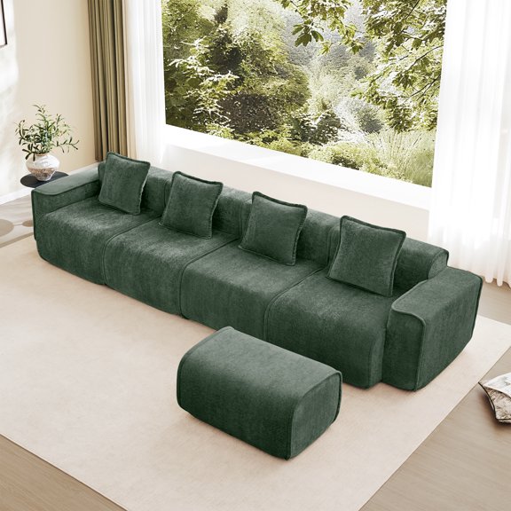 Streamlined Design Modular 4 Seat L Shape Sectional Boneless Sofa with French Edge Piping, No Assembly Required, 4-Seat Sofa Couch with Throw Pillows and 1 Movable Ottoman, Velvet Fabric Green