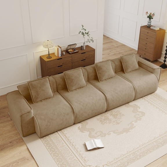 Streamlined Design Modular 4 Seat Velvet Sofa - Brown French Edge Piping