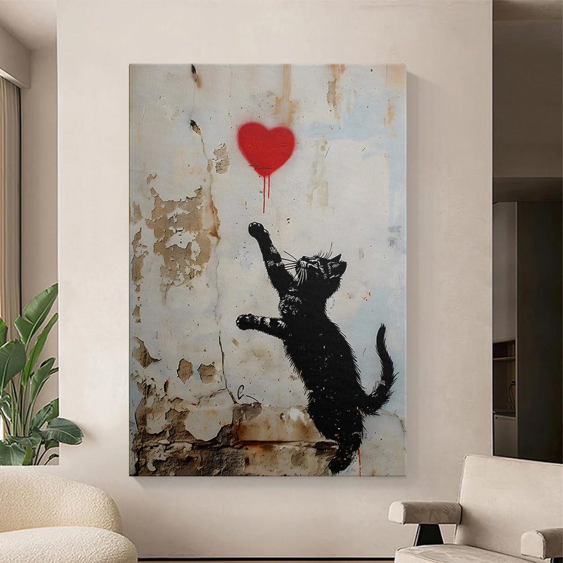 Street Art Black Cat Graffiti Heart, Urban Wall Decor Home Decor, 12x18 ...