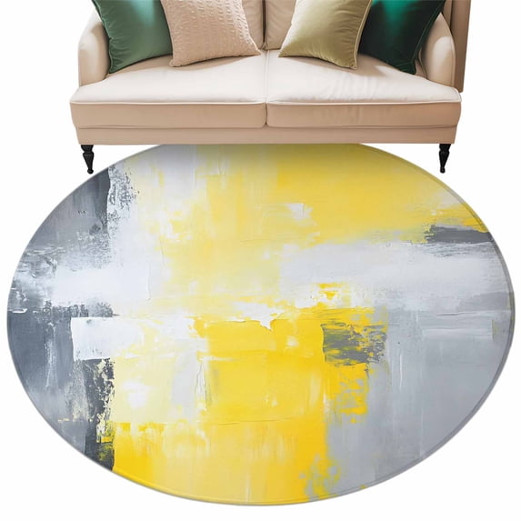 Street Art Brush Round Area Rug 7ft Gray Yellow Abstract Non-Slip Washable Circle Rugs Soft Felt Indoor Floor Mat for Bedroom Kitchen Living Room Bathroom