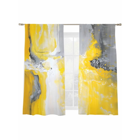 Street Art Brush Sheer Curtains for Living Room Bedroom, Light-filtering Sheer Curtain, Yellow Gray Abstract Rod Pocket Voile Window Treatment Drapes, 52’’Wx72’’L, 2 Panels Set