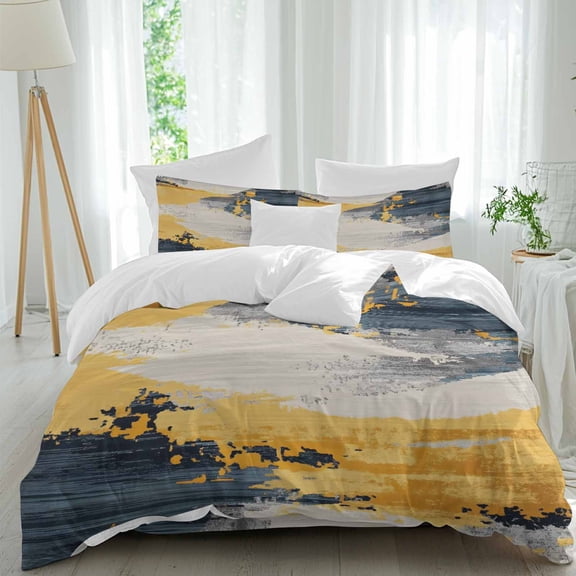 Street Art Duvet Cover Set Queen Size, Watercolor Yellow Gray Decoration 4 Piece Soft Microfiber Bedding Set with 1 Duvet Cover, 1 Flat Sheet, 2 Pillowcases