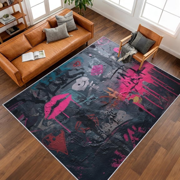 Street Art Graffiti Area Rugs, Black Pink Hip Hop Urban Pattern Carpet, Washable Non Slip Low Pile Soft Rug for Living Room Bedroom Decor Mat 5x8ft