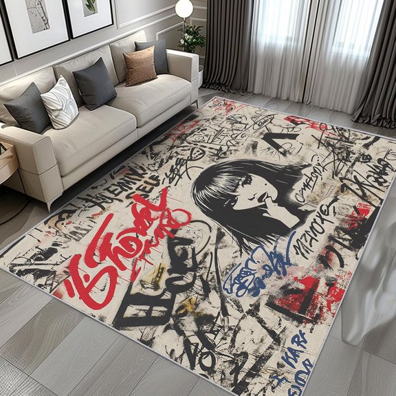 Street Art Graffiti Area Rugs, Colorful Abstract Pattern Carpet, Washable Non Slip Low Pile Soft Rug for Entryway Bedroom Home Decor Mat 5x8ft