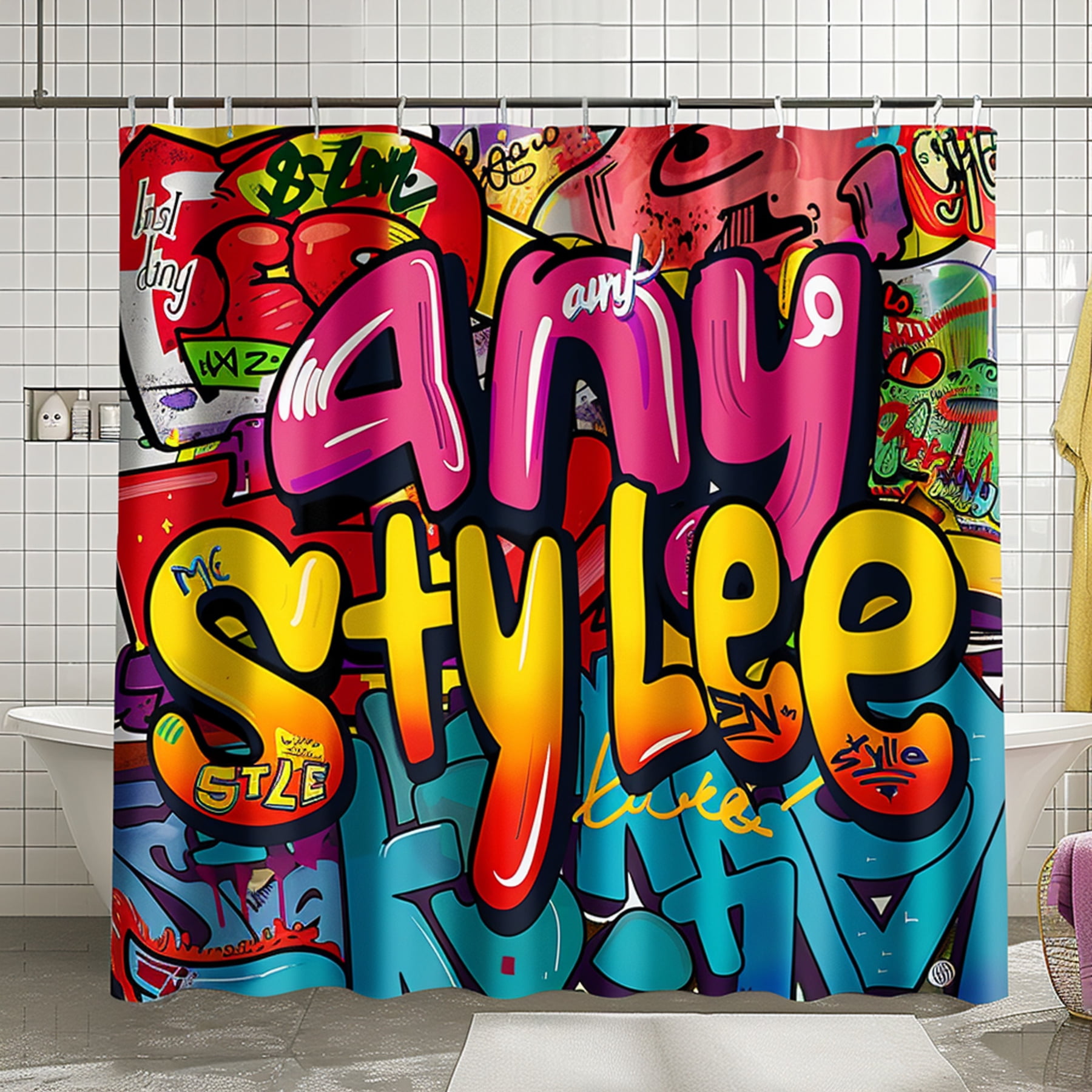 Street Art Graffiti Shower Curtain Vibrant Urban Bathroom Decor with Bold Letters and Characters ...