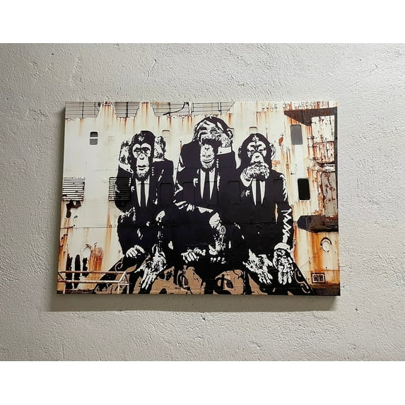 Street Artwork, Three Wise Monkey Artwork, Banksy Monkey Wall Art, Banksy Three Wise Monkeys, Wise Monkeys Wall Decor, Canvas Wall Decor - 3P-Natural Framed