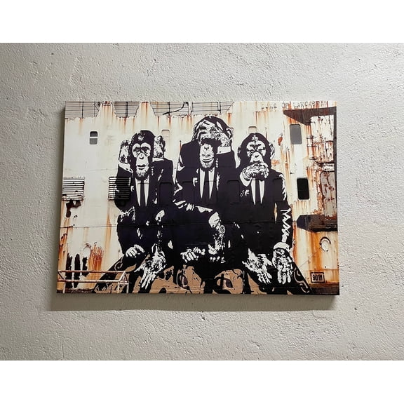 Street Artwork, Three Wise Monkey Artwork, Banksy Monkey Wall Art, Banksy Three Wise Monkeys, Wise Monkeys Wall Decor, Canvas Wall Decor - Rolled Canvas