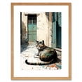 thumbnail image 1 of Street Cat Sunbathing on Cobblestone Street Modern Illustration Artwork Framed Wall Art Print 9X7 Inch, 1 of 5